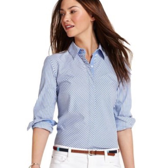 Tommy Hilfiger Tops - Tommy Hilfiger 100% Cotton Striped Button Down Blue Pin Stripe Blouse Sz Medium